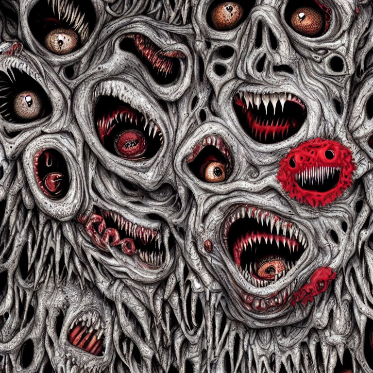 Grotesque horror-inspired image with multiple faces and textured details