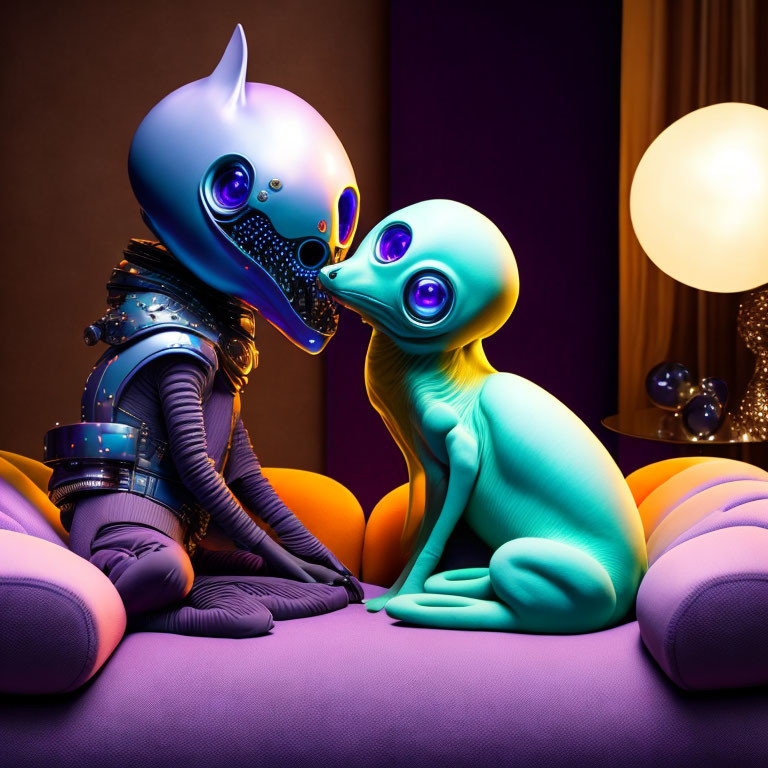 Colorful Robot Figures in Intimate Moment on Vibrant Couch