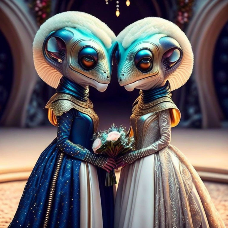 Stylized alien characters in elegant gowns against architectural backdrop