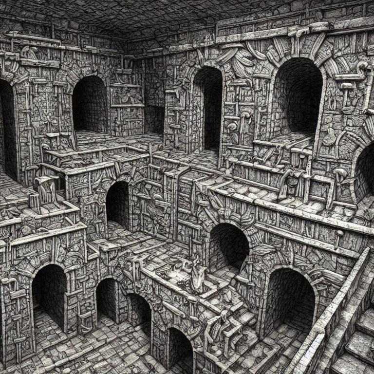 Detailed Black and White 3D Labyrinth Drawing with Impossible Architecture