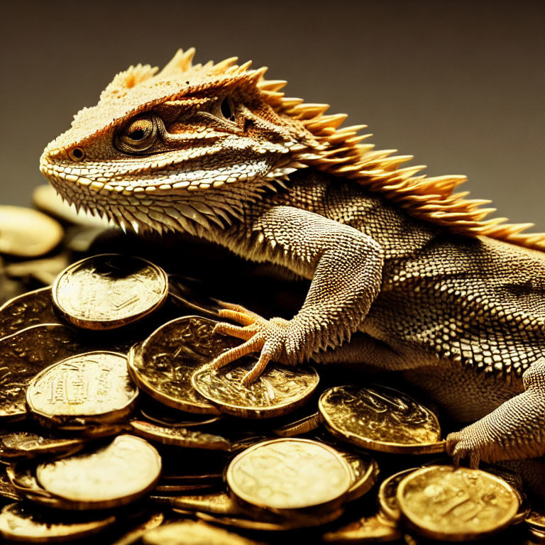 Bearded dragon lizard on pile of golden coins