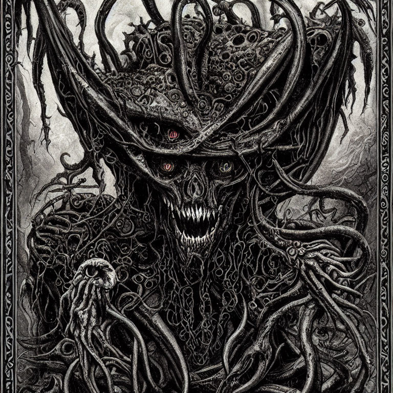 Detailed Lovecraftian Creature Illustration with Tentacles and Red Eyes