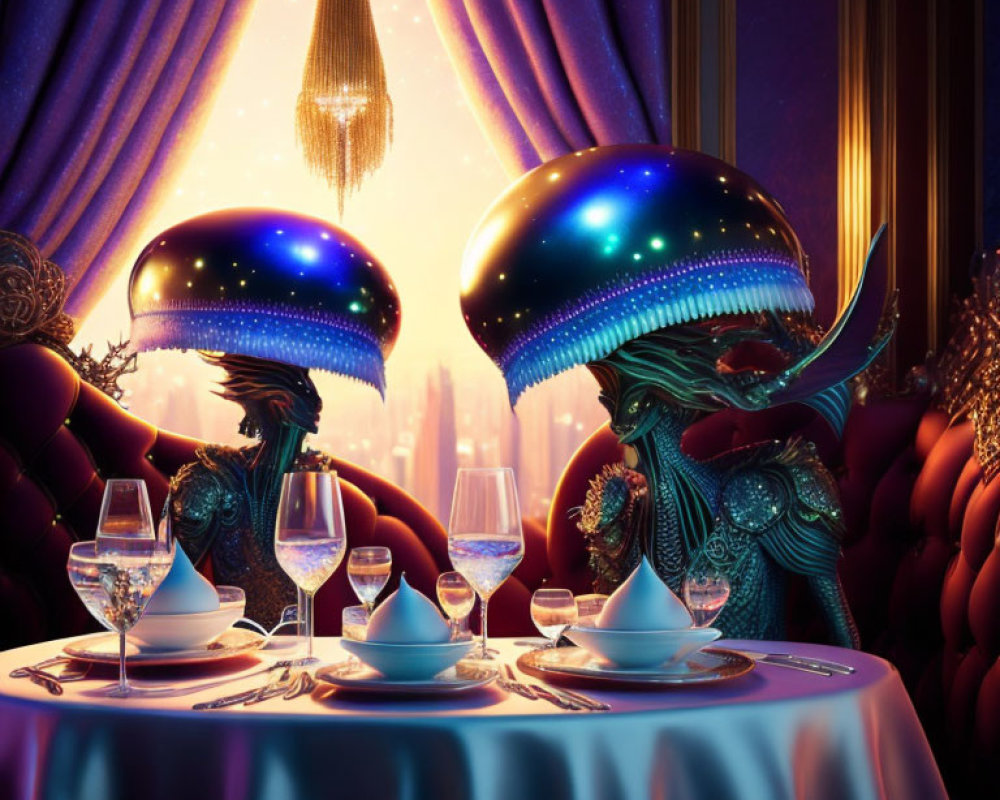 Elegant alien creatures at luxurious cosmic dining setup