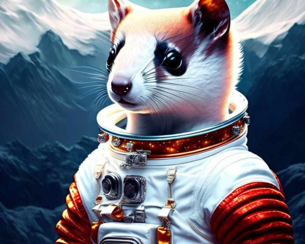 Detailed whimsical ferret astronaut in spacesuit with mountains and planet.