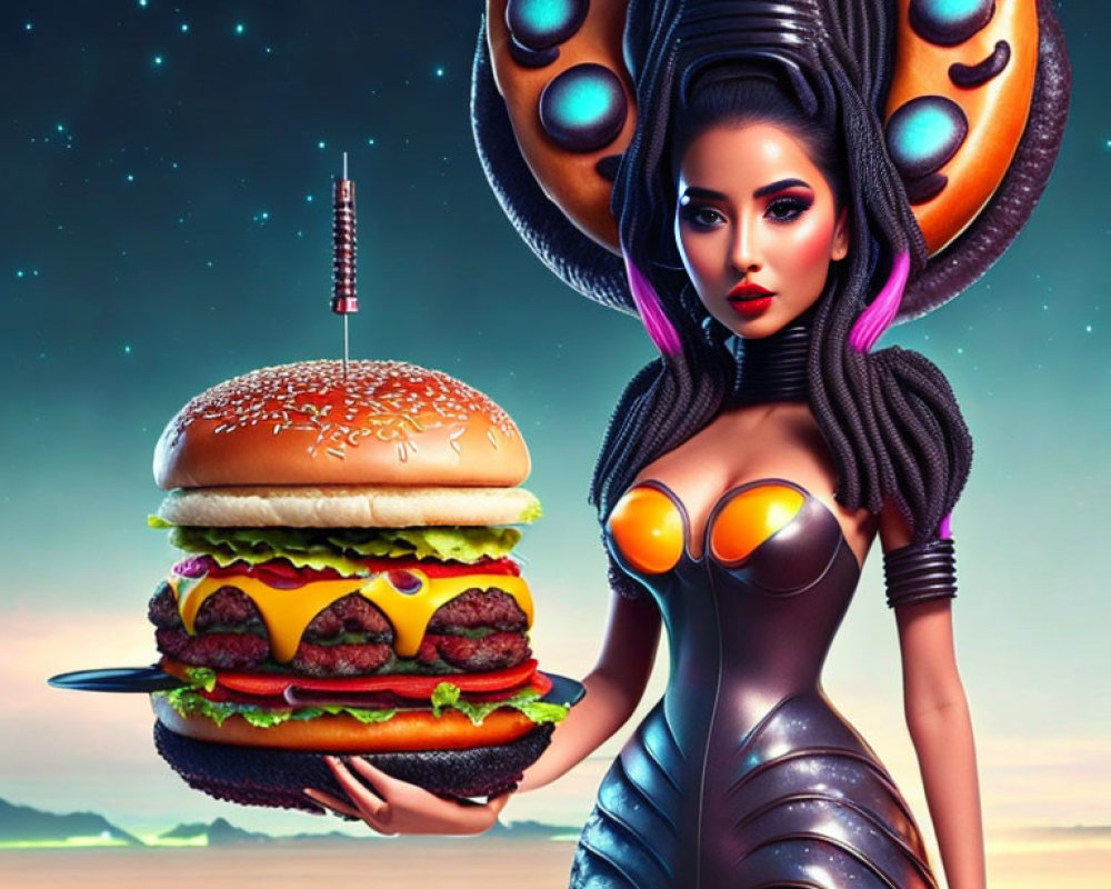 Futuristic woman with elaborate hairstyle holding giant burger in space-themed setting