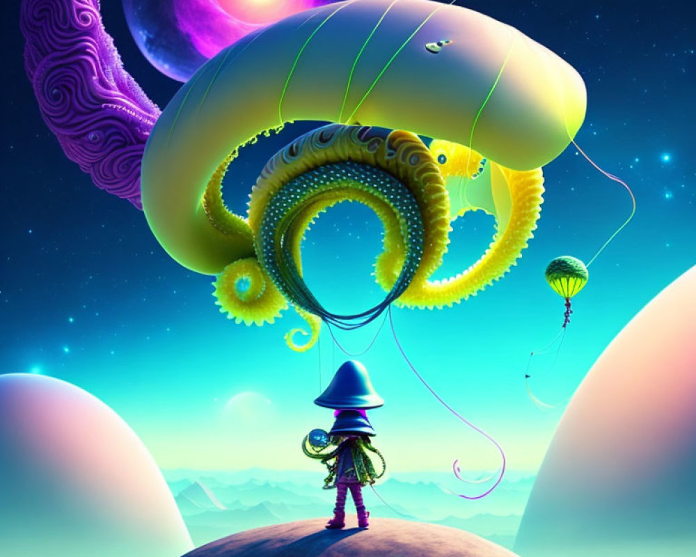 Digital artwork: Cloaked figure on planet with tentacles, balloons, starry sky.