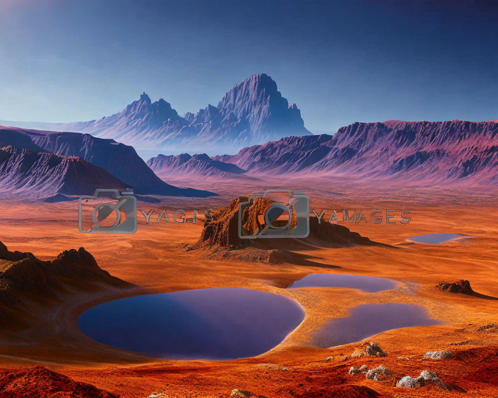 Vibrant orange terrain, blue lakes, and rocky mountains in surreal landscape