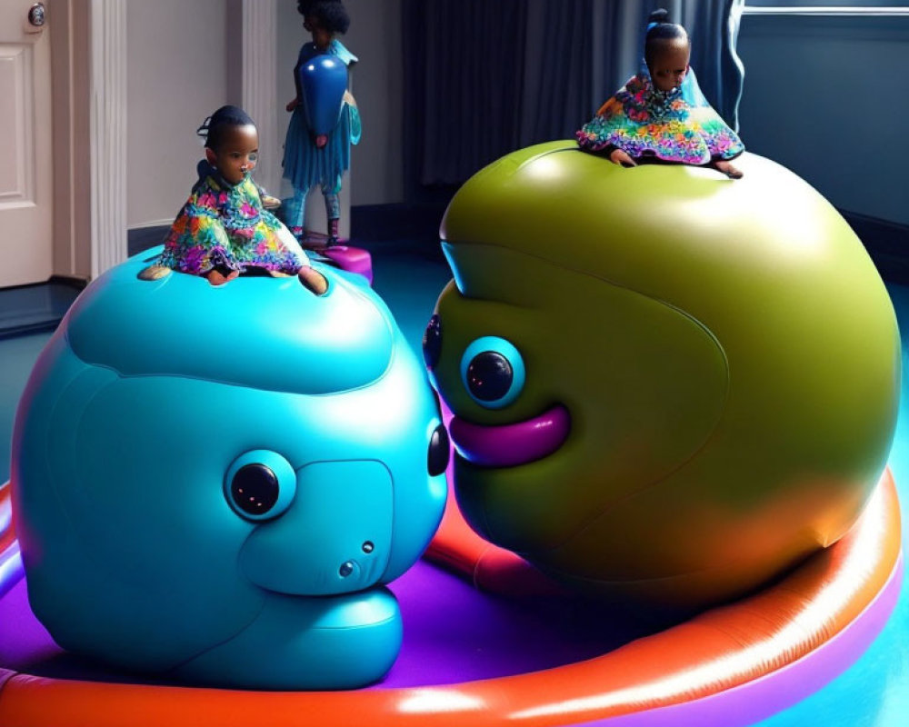 Children on colorful fish toys in blue room with circular mat