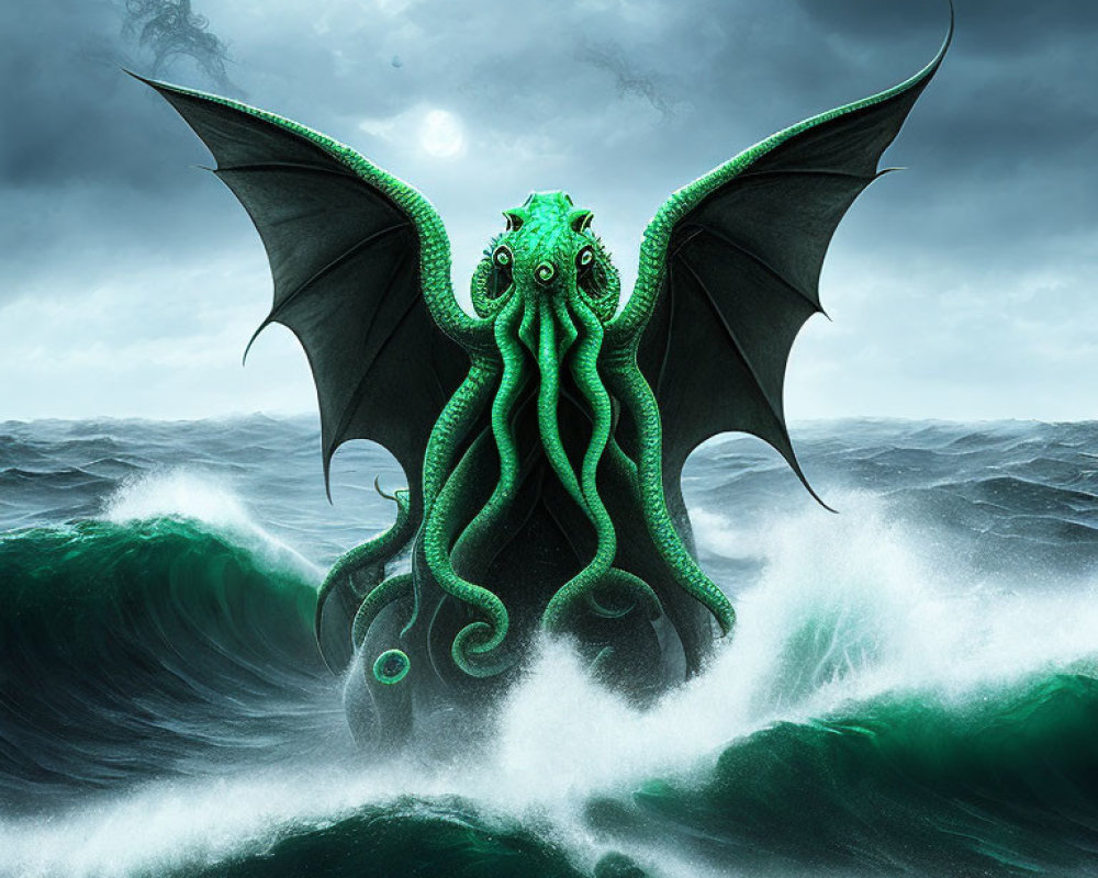 Octopus-headed creature with dragon wings in stormy sea scenery