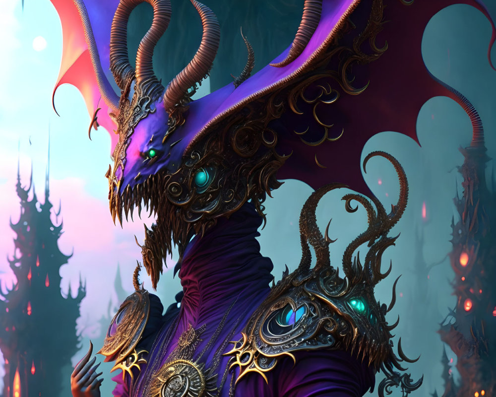 Majestic dragon in golden armor and purple robes in eerie landscape