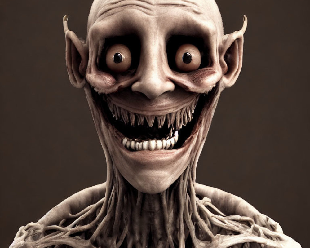 Creepy 3D rendering of a fictional character with wide grin and elongated neck.