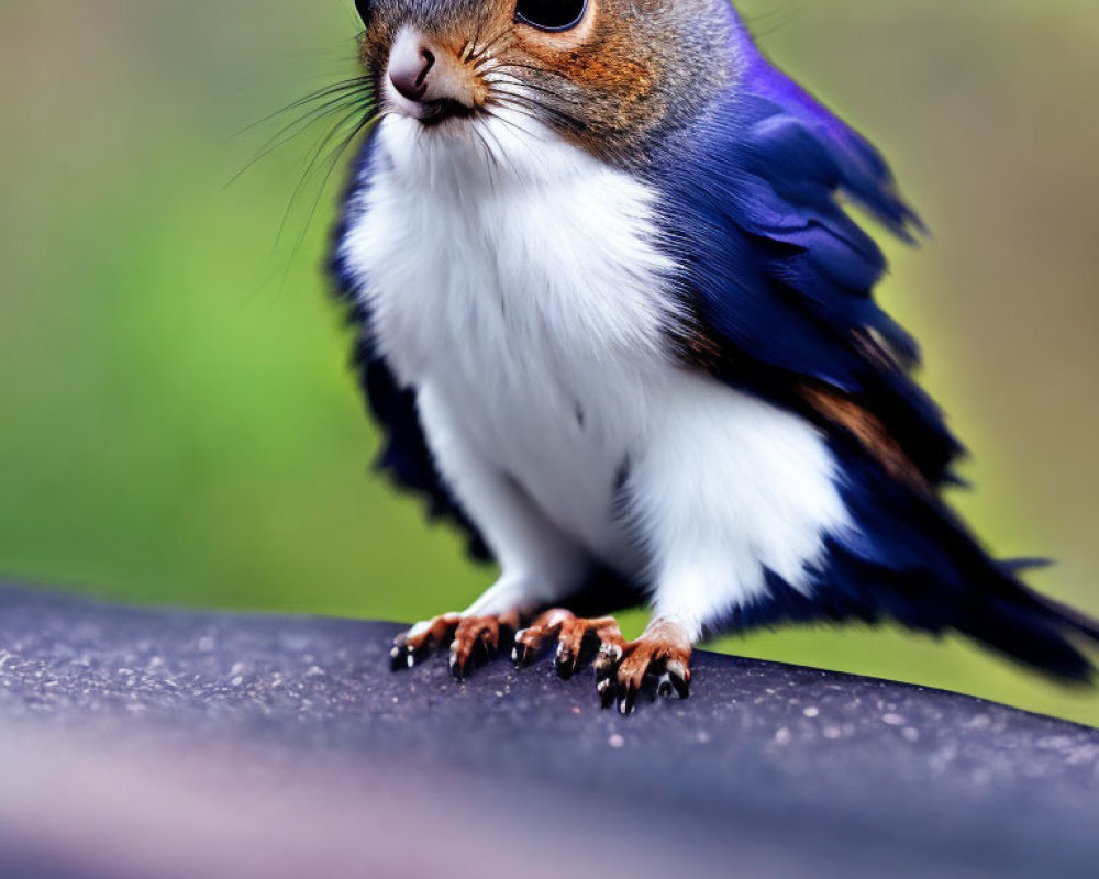 Whimsical creature with squirrel body and blue bird wings on a surface