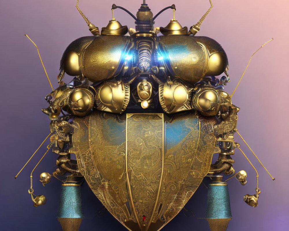 Digital artwork of beetle-shaped airship with gold and blue designs on purple background.