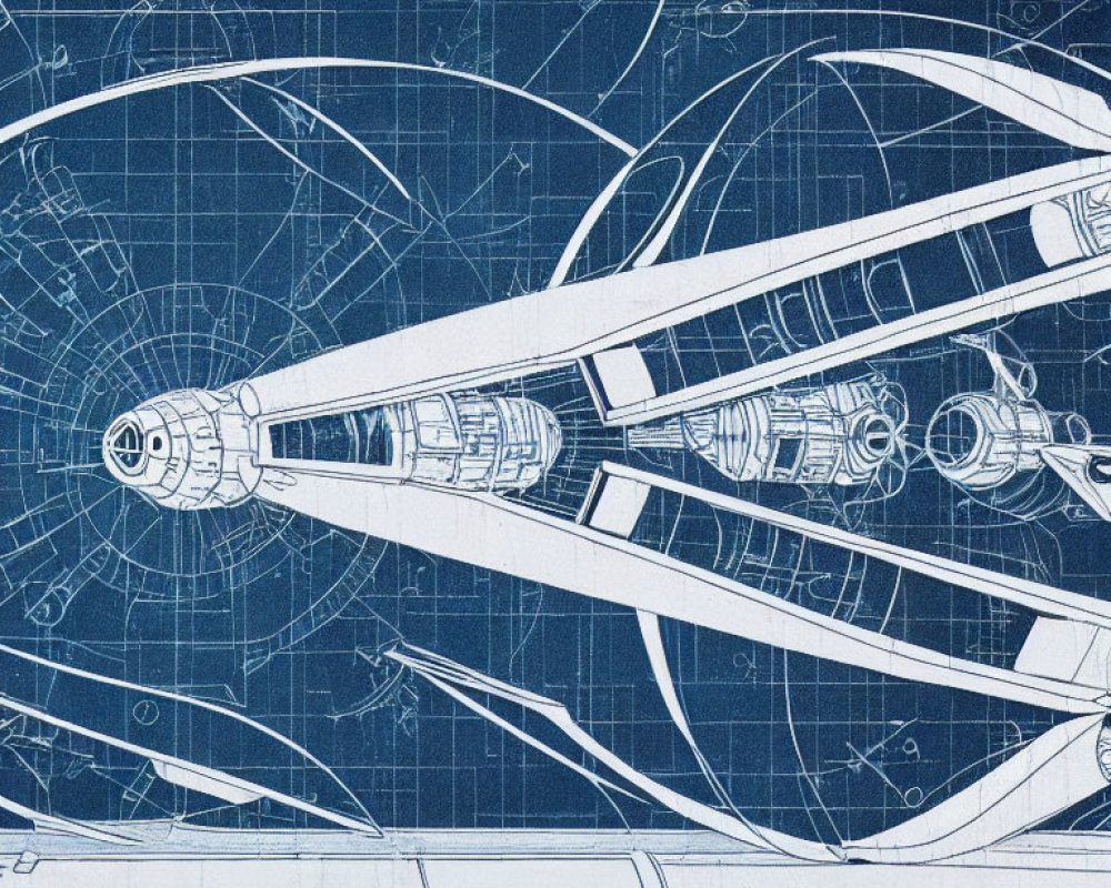 Detailed Spacecraft Blueprint: Propulsion and Design Schematics on Blue Background