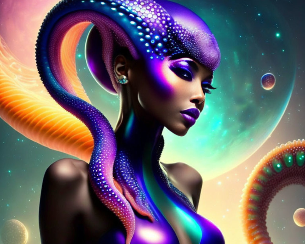 Purple-skinned woman with alien features in cosmic setting