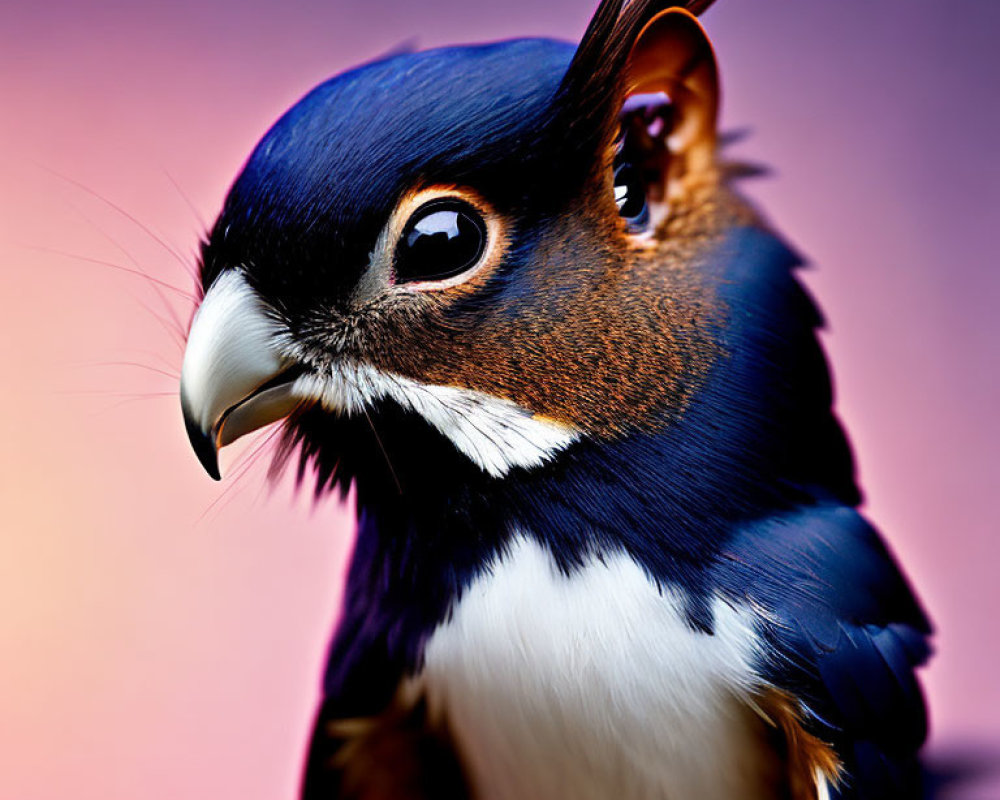 Black and white bird with sharp beak on pink and purple background