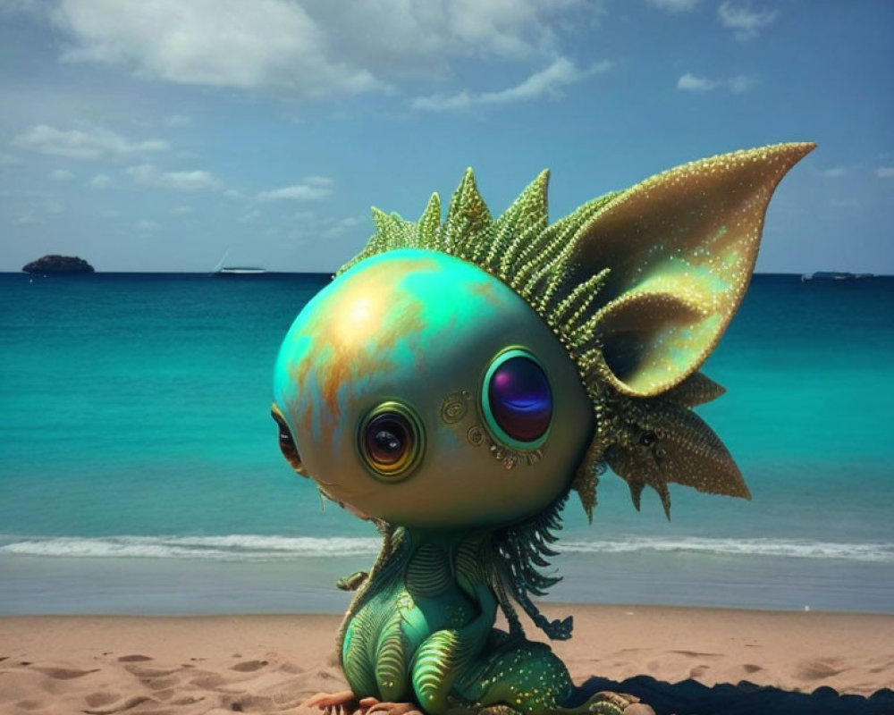 Whimsical fish-dragon creature on sandy beach with expressive eyes