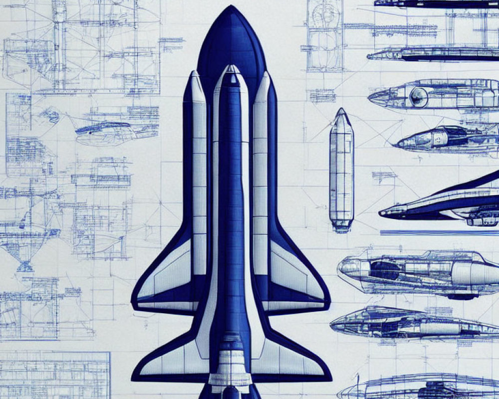 Detailed Blueprint of Space Shuttle with Multiple Views and Engineering Schematics on Blue Background