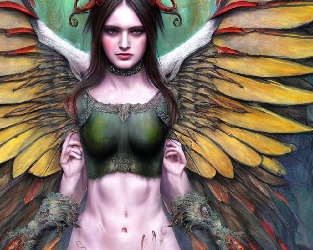 Fantastical female figure with large wings, imposing horns, and mystical attire surrounded by ethereal textures