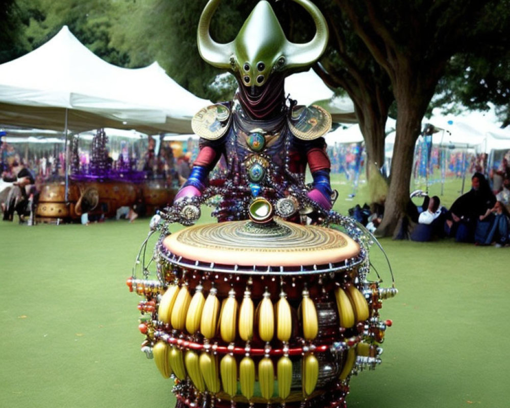 Detailed Alien Costume with Horns and Futuristic Armor at Outdoor Fair