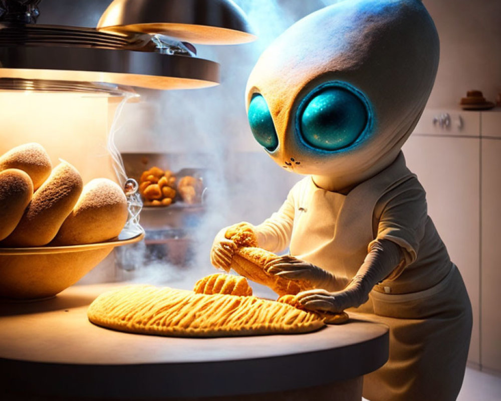 Animated creature slicing bread in cozy kitchen setting