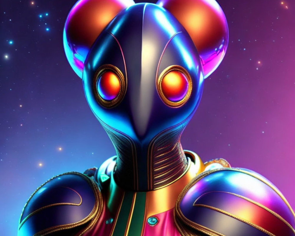 Futuristic alien character with metallic body and luminous eyes in pink hue on cosmic backdrop