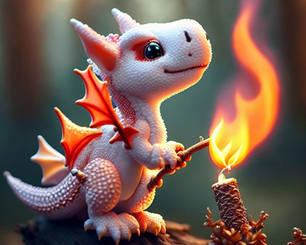 Whimsical animated dragon by fire in forest scene