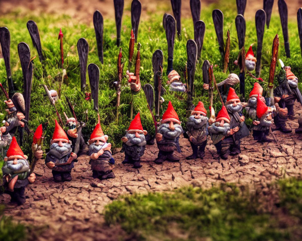 Garden Gnome Figurines Aligned in Mock-Army Formation