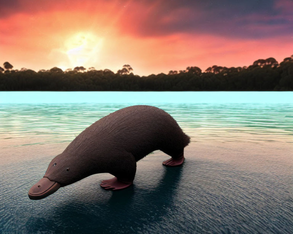 Surreal digital artwork of platypus on water at sunset