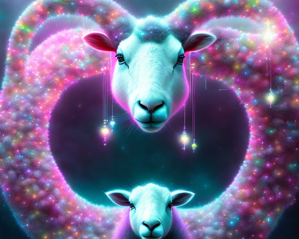 Vibrant surreal sheep faces in cosmic setting