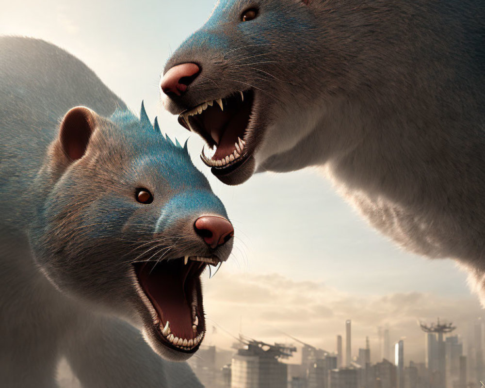 Stylized blue bears growling in city skyline scene