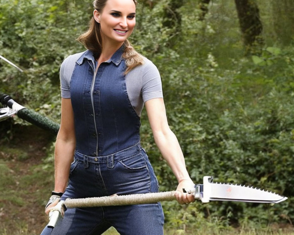 Woman in denim jumpsuit with saw in greenery.