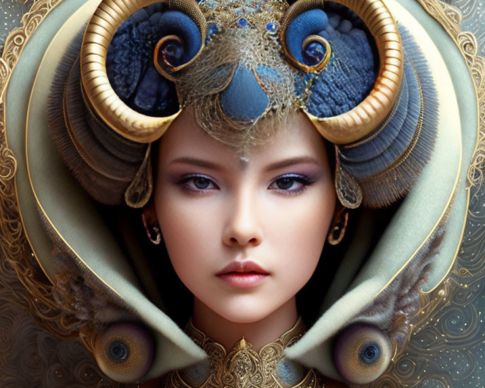 Elaborate fantasy portrait with gold and blue ram horn headgear and peacock feathers