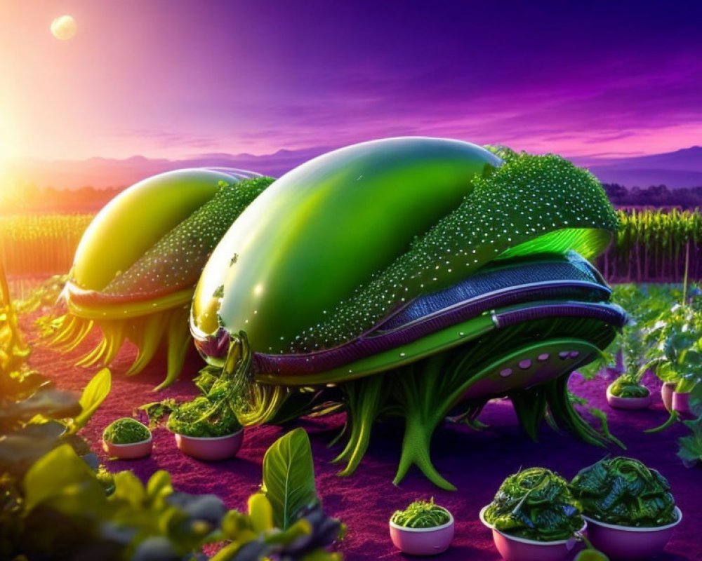 Vibrant landscape with green beetle-like structures in purple twilight