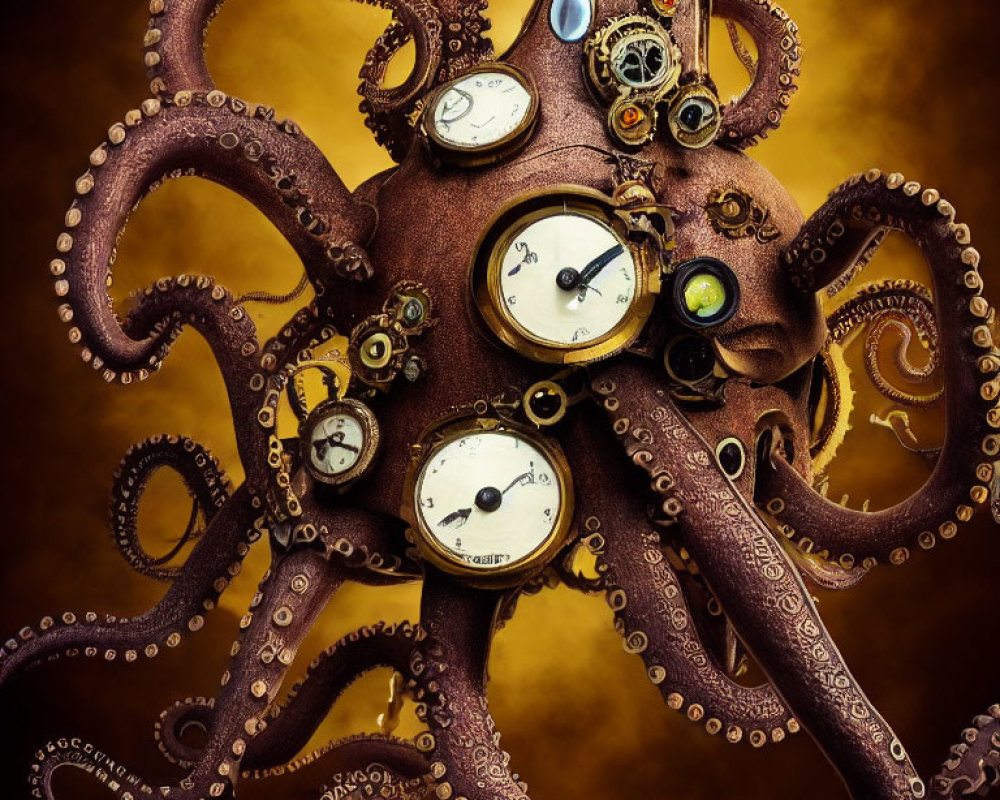 Steampunk-themed octopus with vintage clocks and gears on warm brown background