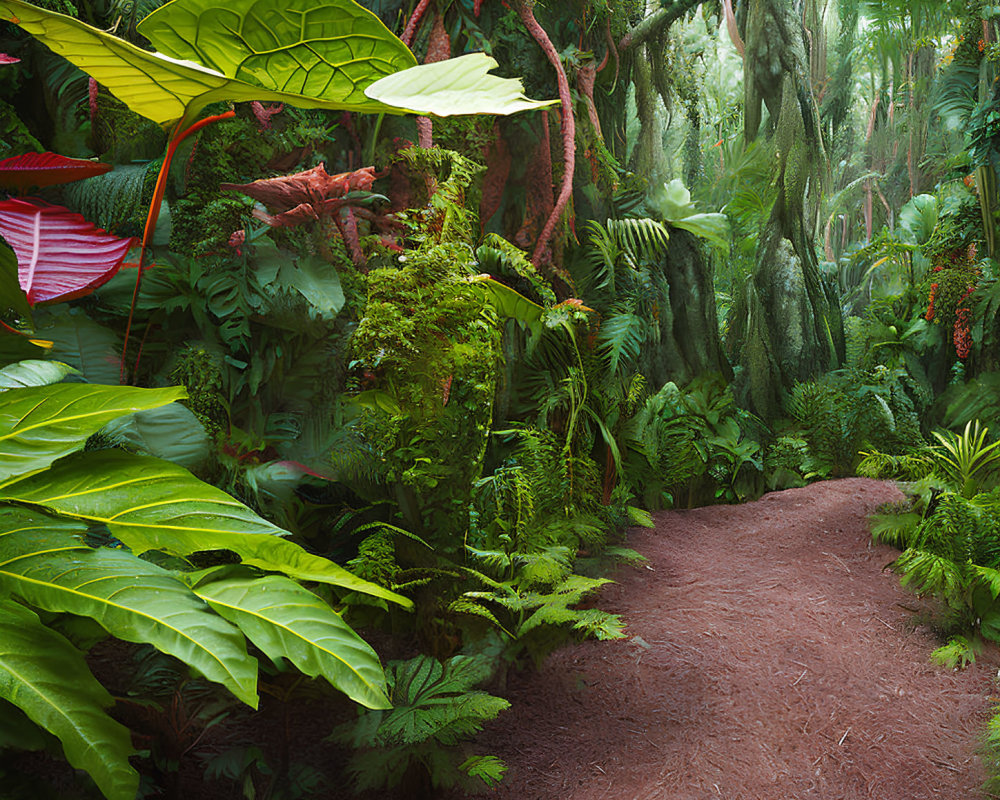 Lush green forest with narrow dirt path and dense vegetation