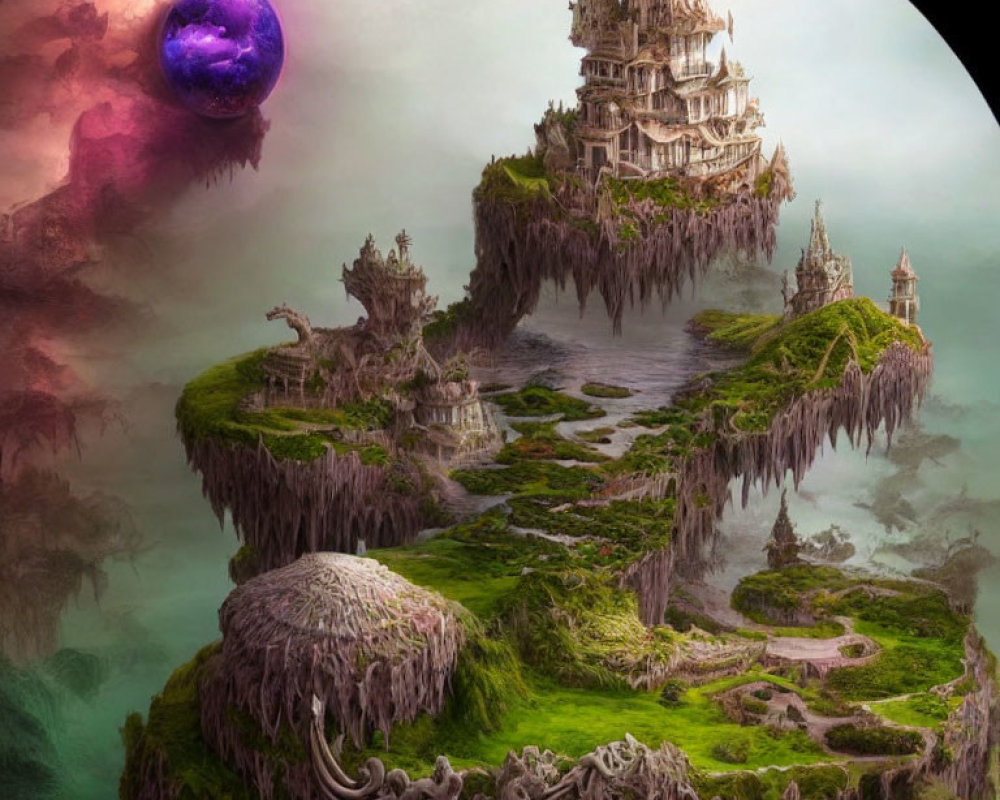 Fantasy islands with lush greenery, castles, purple planet, and colorful clouds