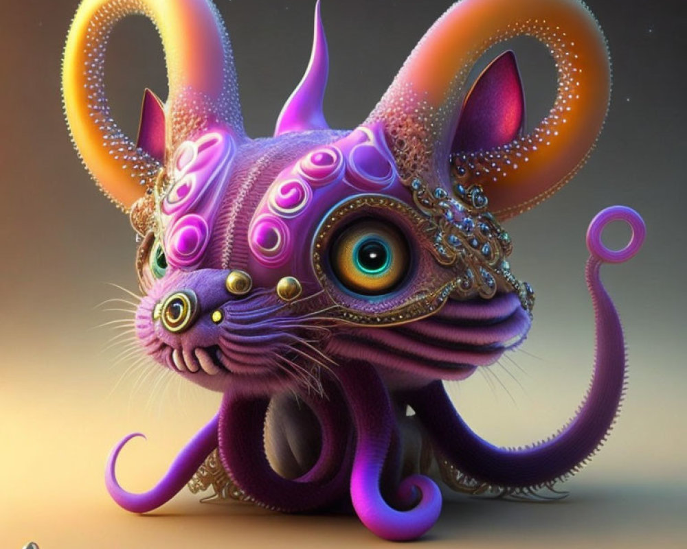 Whimsical digital artwork: Feline-octopus creature with large eyes, purple tones, orn