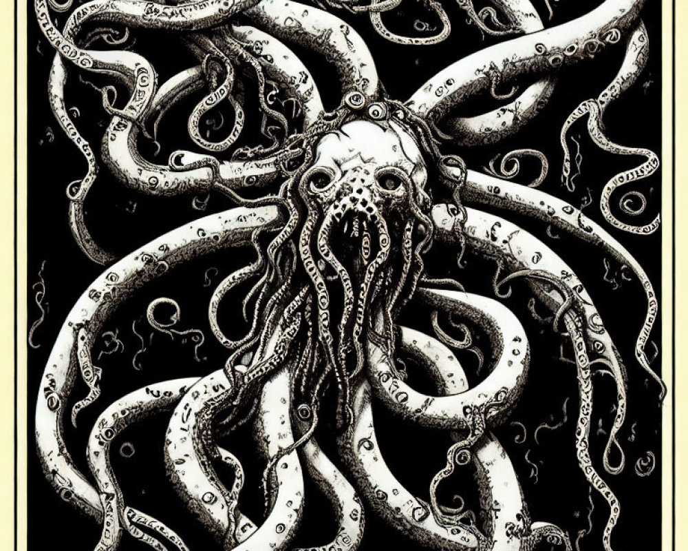 Detailed monochrome octopus illustration with decorative border.