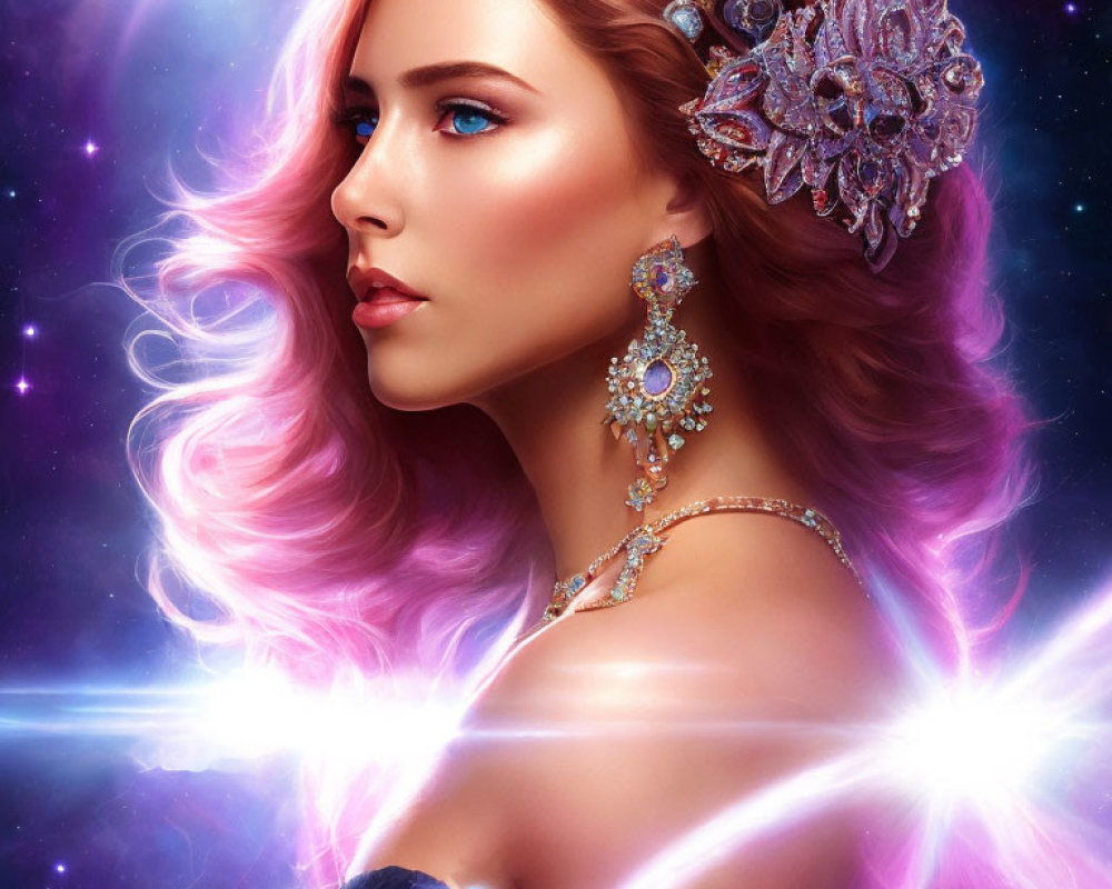 Portrait of Woman with Blue Eyes & Auburn Hair, Ornate Jewelry, Neon Cosmic Background