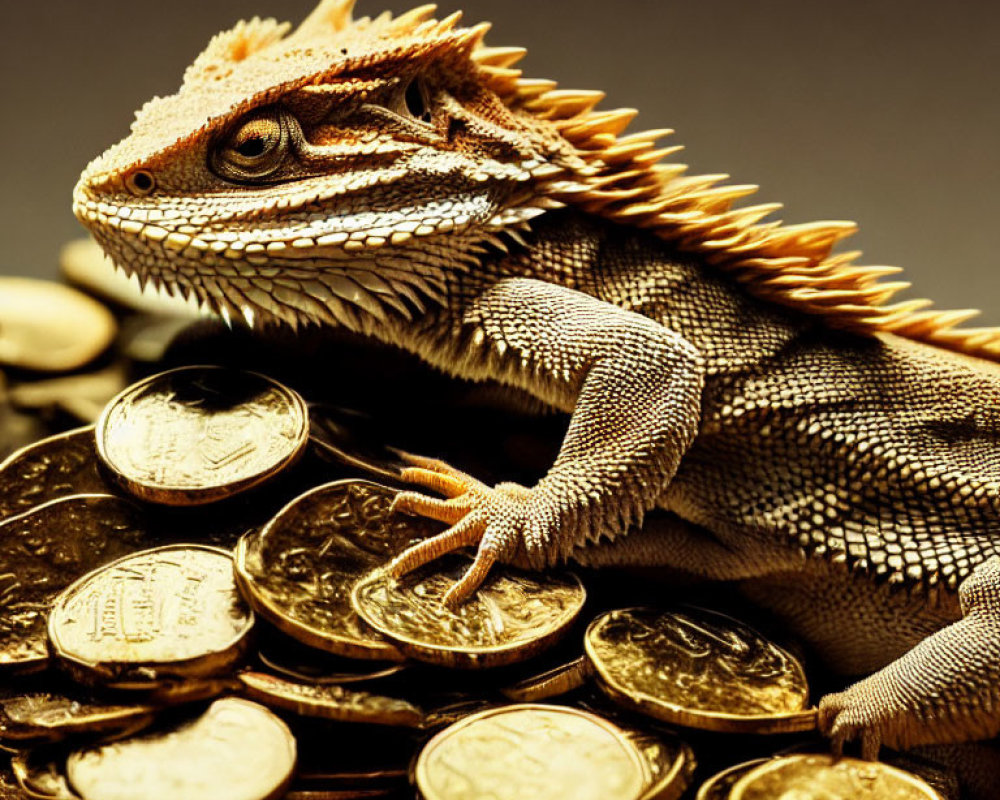 Bearded dragon lizard on pile of golden coins