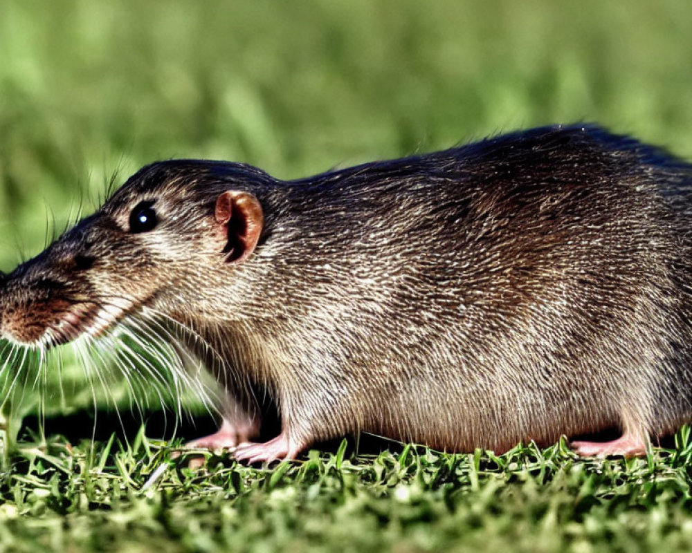 Close-up of Eastern mole moving through short grass with velvety fur and pointed snout