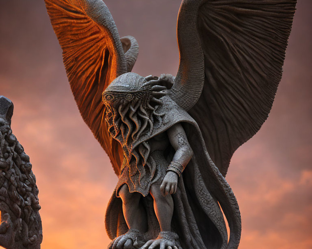 Mythical creature statue with octopus head and wings at sunset