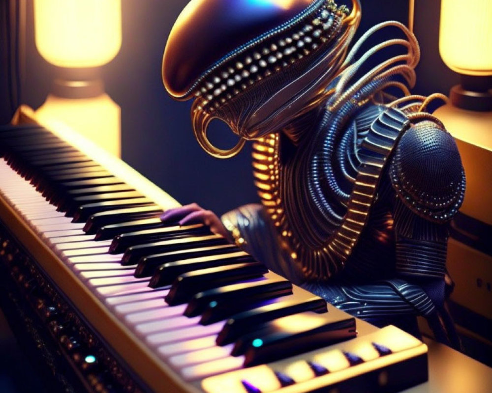 Futuristic humanoid figure in sleek armor playing keyboard under warm lighting