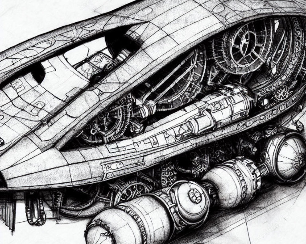 Detailed pencil sketch of futuristic spacecraft with intricate mechanical parts and textures, engine thrusters, and sleek hull