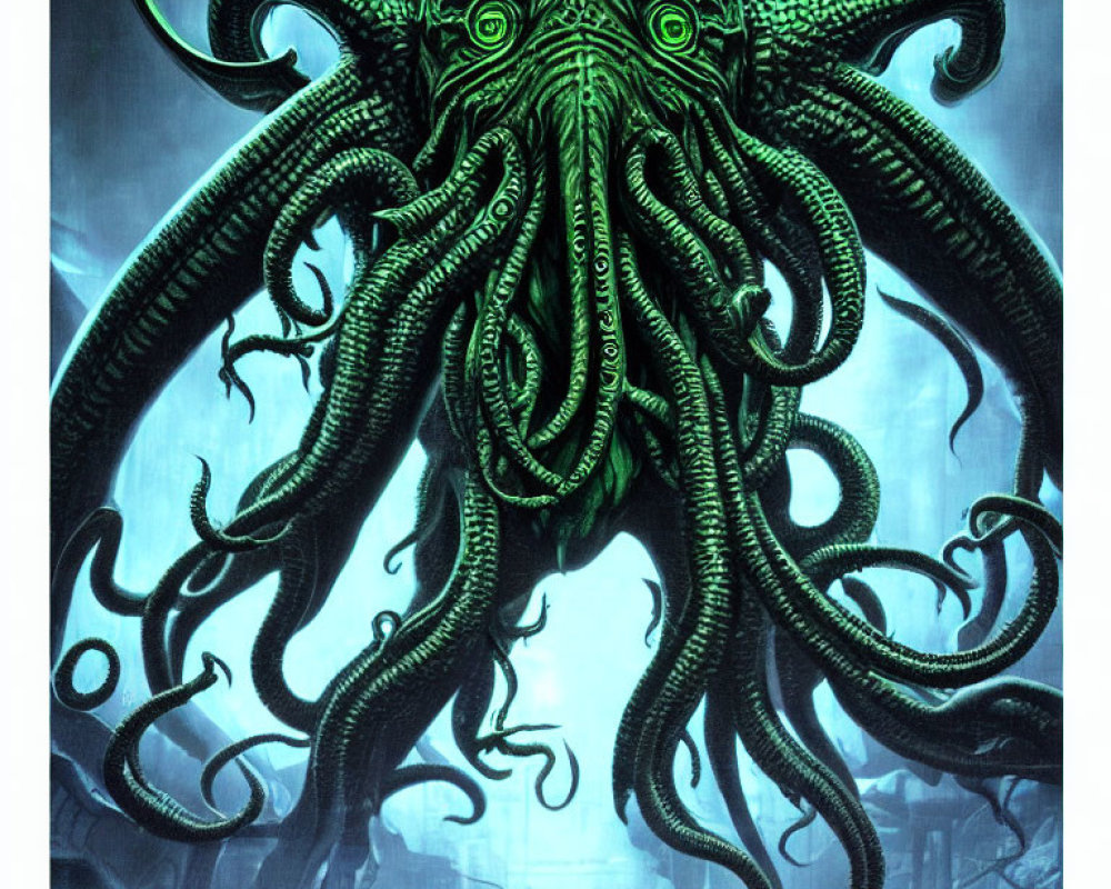 Detailed artistic rendition of green tentacled creature in underwater ruins