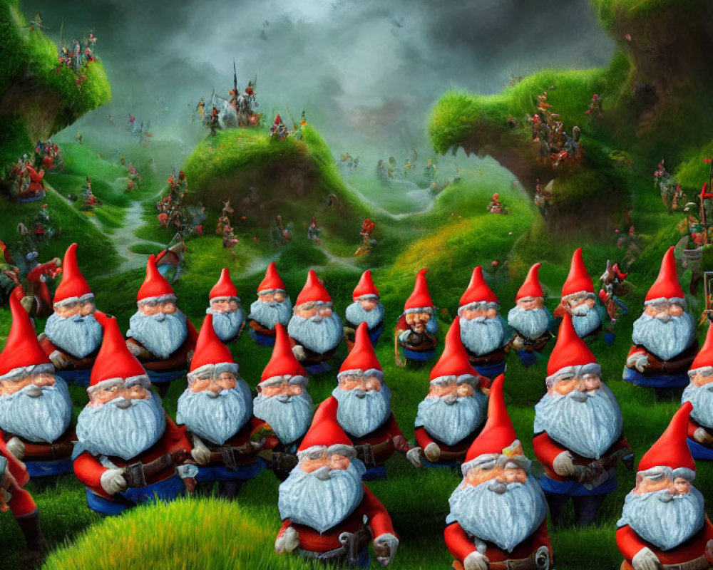 Garden gnomes with red hats and beards on verdant landscape under stormy sky