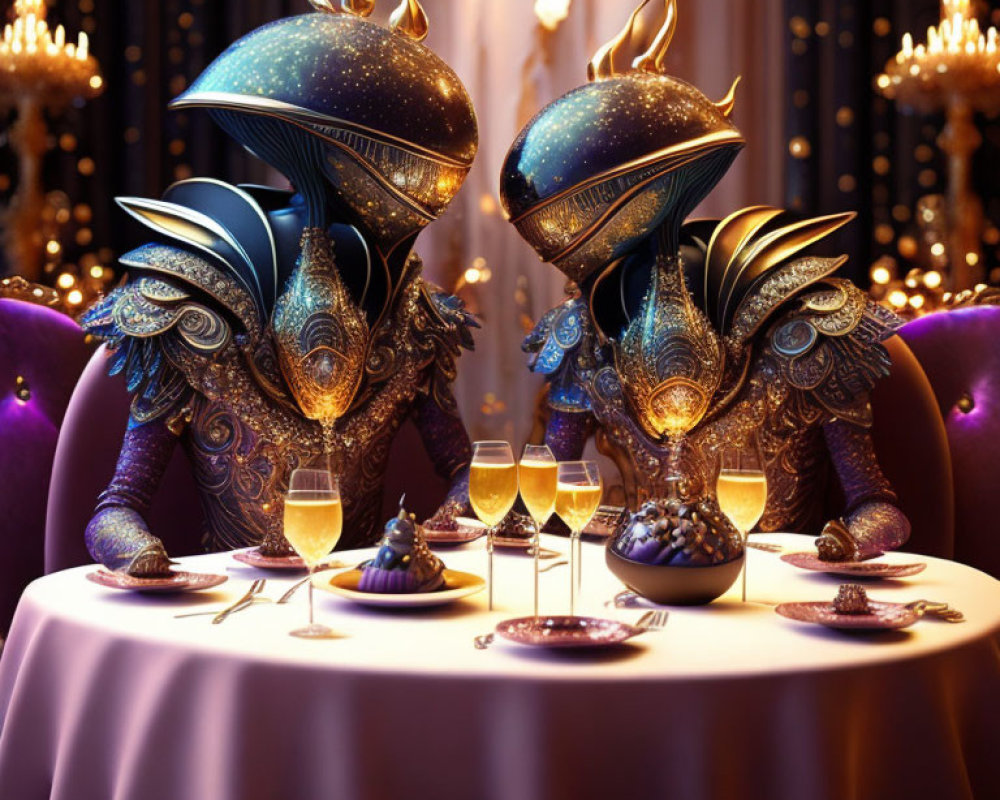 Ornate bird-like figures at luxurious purple and gold table setting