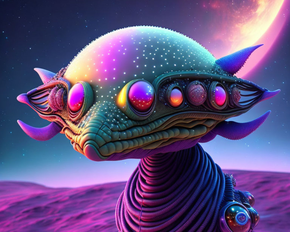 Colorful Spotted Alien with Multiple Eyes and Sharp Fins in Purple Starry Sky