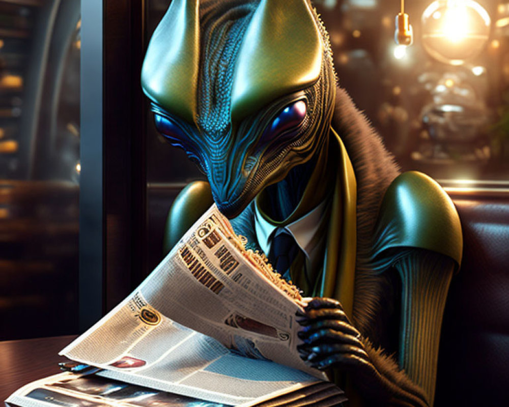 Blue-green anthropomorphic alien reading newspaper in cozy cafe